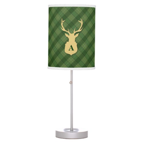 Green Plaid Lamp with Stags Head Monogram