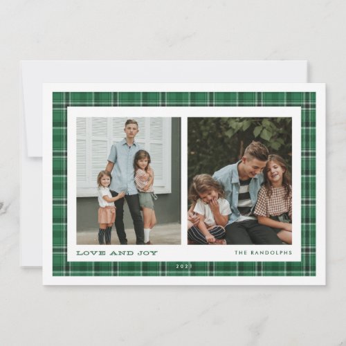 Green Plaid Love and Joy Double Photo Holiday Card