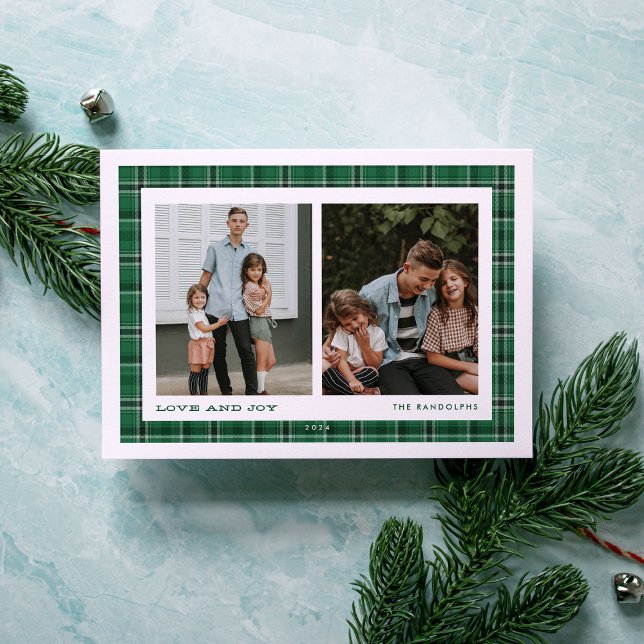 Green Plaid Love and Joy Double Photo Holiday Card (Creator Uploaded)