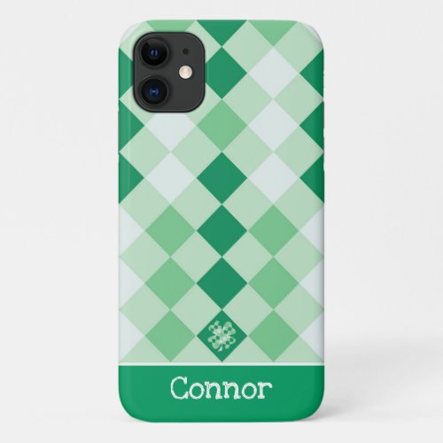 Green Plaid Lucky Clover Shamrock with Name iPhone 11 Case