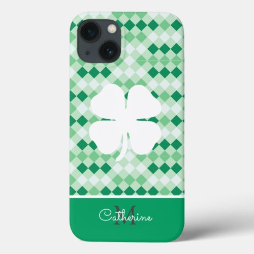 Green Plaid Lucky Clovers Shamrock Name Monogram iPhone 13 Case