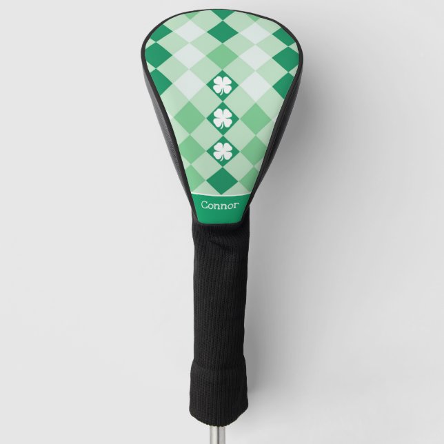 Green Plaid Lucky Clovers Shamrock with Name Golf Head Cover (Front)