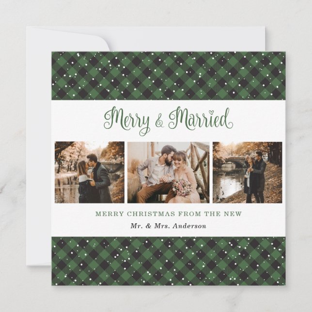 Green Plaid Merry and Married Christmas Card (Front)