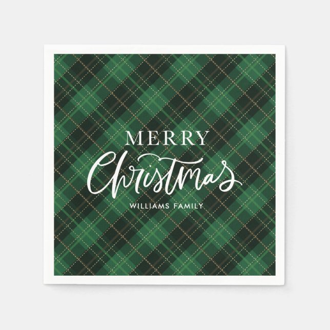 Green Plaid Merry Christmas Festive Napkins (Front)