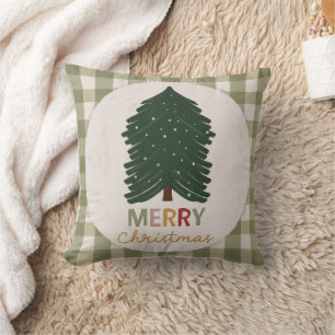 Green Plaid Merry Christmas for Rustic Farmhouse Throw Pillow
