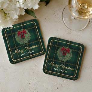 Green Plaid Merry Christmas Paper Coasters
