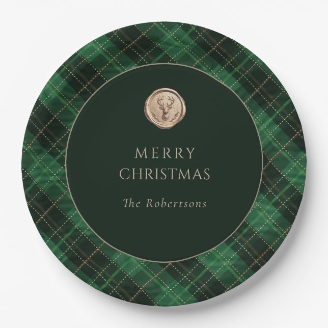 Green Plaid Merry Christmas Party  Paper Plates (Front)
