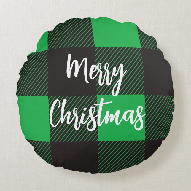 Green plaid Merry Christmas Round Pillow (Front)