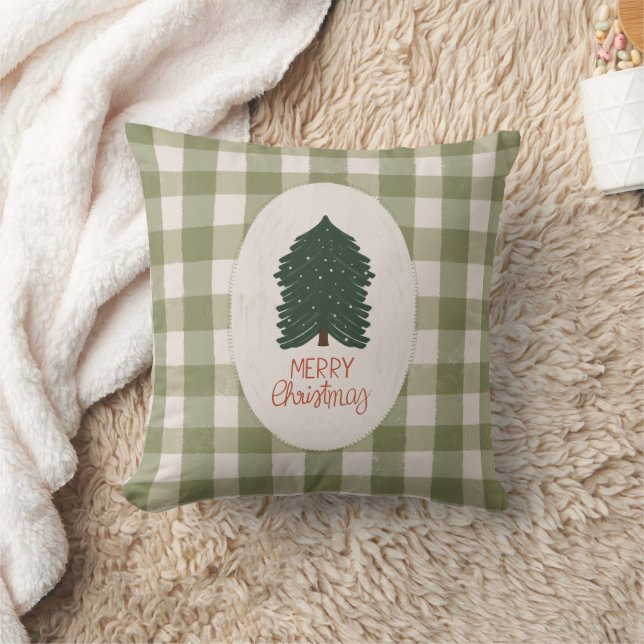 Green Plaid Merry Christmas, Rustic Farmhouse Throw Pillow (Blanket)