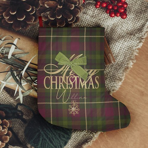 Green Plaid Merry Christmas  Snow Flake Gold  Large Christmas Stocking