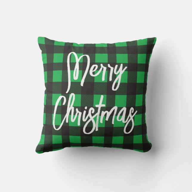 Green Plaid Merry Christmas Throw Pillow (Back)