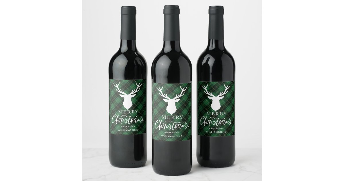 Green Plaid Merry Christmas White Deer Customized Wine Label | Zazzle