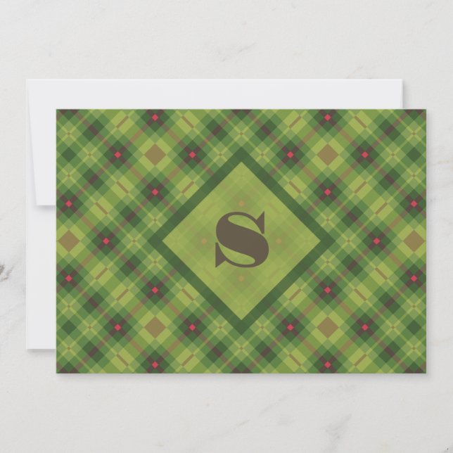 Green Plaid Modern Bold Typography Monogram Note Card (Front)
