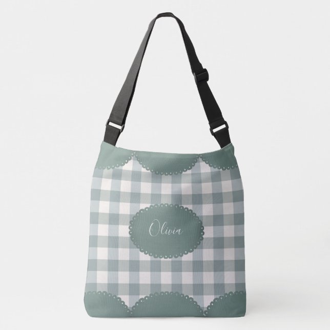 Green Plaid Name Personalized Modern Simple Crossbody Bag (Front)