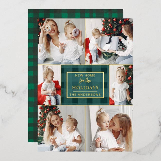 Green Plaid New Home for Holidays Photo  Foil Holiday Card (Front/Back)