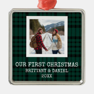 Green Plaid Our First Christmas Metal Ornament
