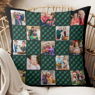 Green Plaid Patchwork Personalized Photo Collage Throw Pillow