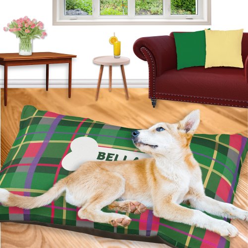 Green Plaid Pattern Bone Add Name Personalized Dog Pet Bed