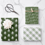 Green Plaid Pattern Christmas Wrapping Paper Sheets<br><div class="desc">Modern christmas wrapping paper featuring a forest green with xmas trees,  festive green with the seasons greetings "merry christmas",  and a white & sage plaid pattern sheet.</div>