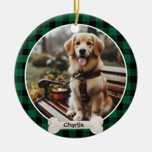 Green Plaid Pattern Custom Name And Cute Pet Photo Ceramic Ornament