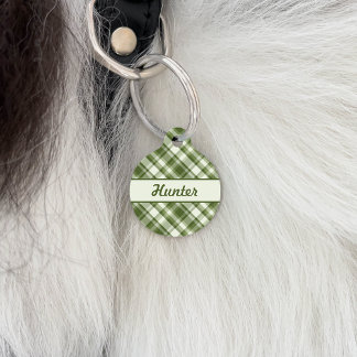 Green Plaid Pattern &amp; Custom Pet Name And Number ID Tag