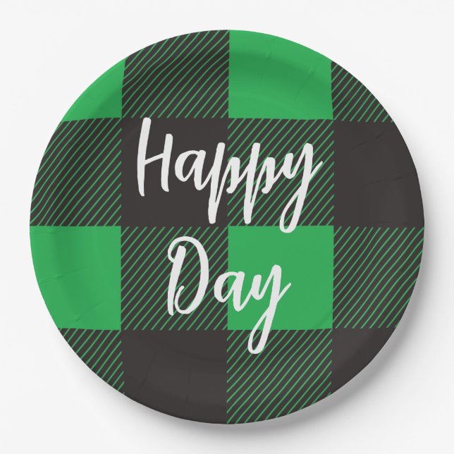 Green Plaid Pattern Happy Day Paper Plates (Front)