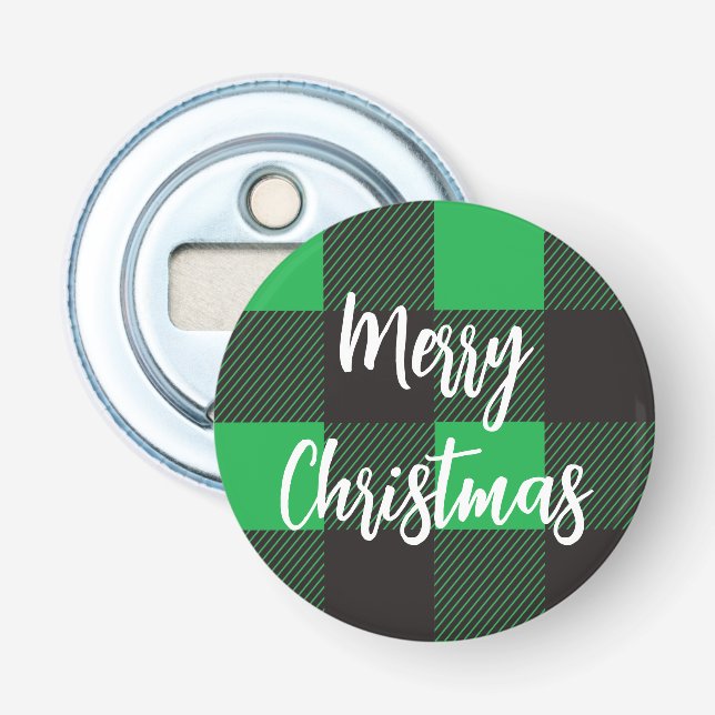 Green Plaid Pattern Merry Christmas Bottle Opener (Front)