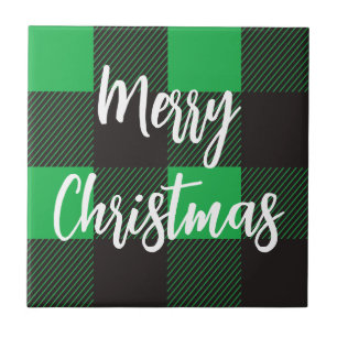 Green Plaid Pattern Merry Christmas Ceramic Tile