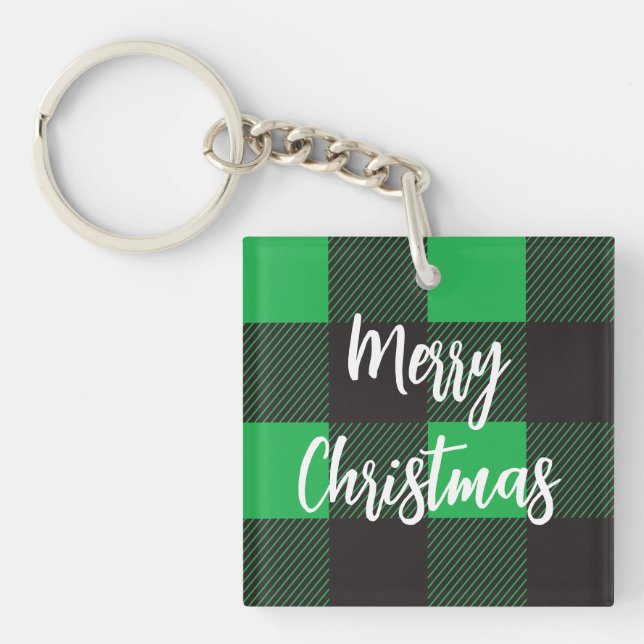 Green Plaid Pattern Merry Christmas Keychain (Front)