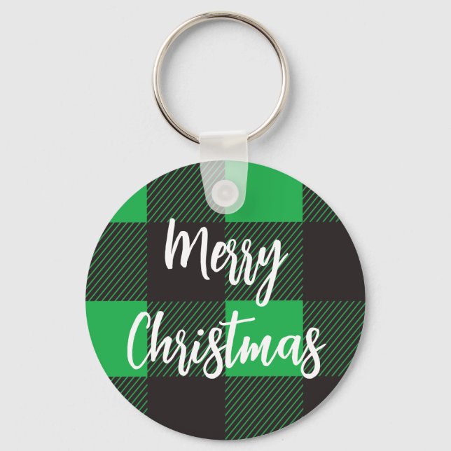 Green Plaid Pattern Merry Christmas Keychain (Front)