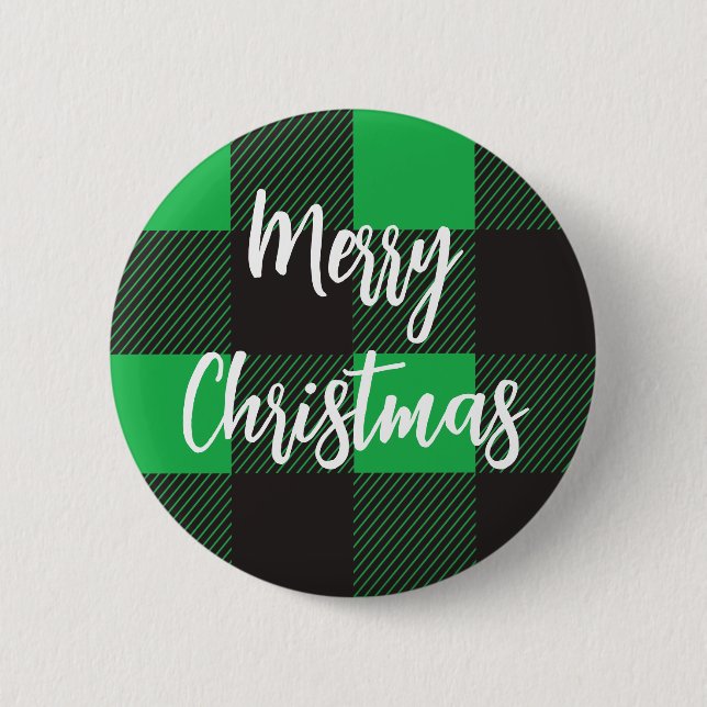 Green Plaid Pattern Merry Christmas Magnet Button (Front)