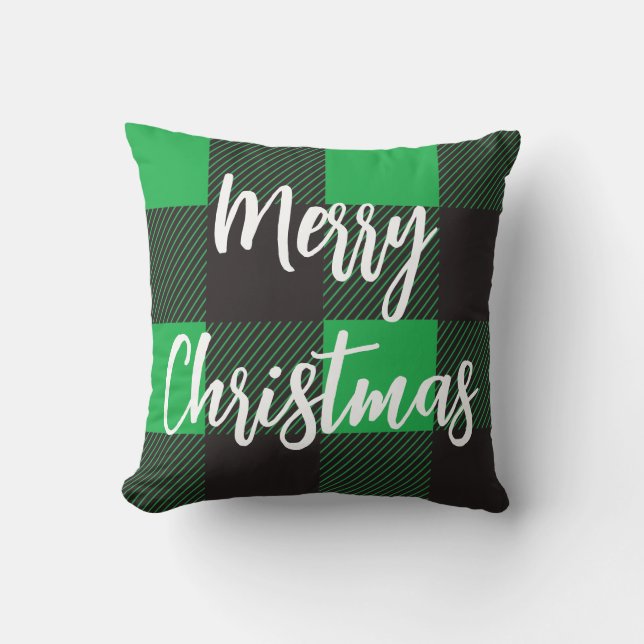 Green Plaid Pattern Merry Christmas  Throw Pillow (Front)