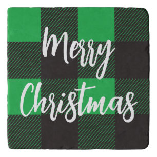 Green Plaid Pattern Merry Christmas Trivet