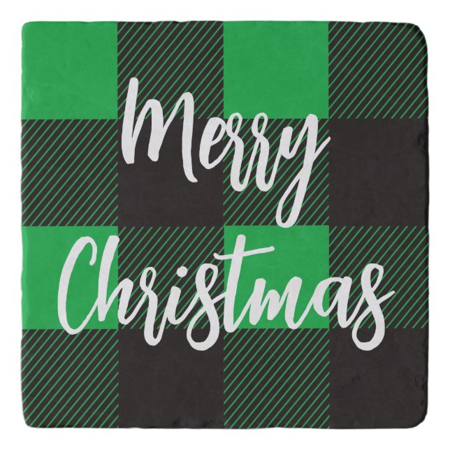 Green Plaid Pattern Merry Christmas Trivet (Front)
