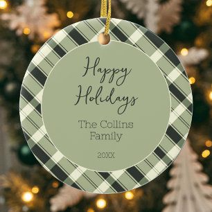 Green Plaid Pattern Modern Script Happy Holidays Ceramic Ornament
