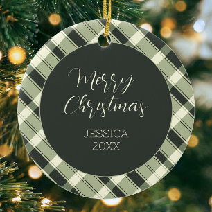 Green Plaid Pattern Modern Script Merry Christmas Ceramic Ornament