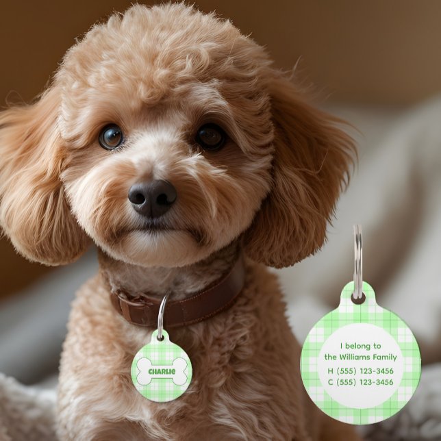 Green Plaid Pattern Name Bone  Pet ID Tag (Creator Uploaded)