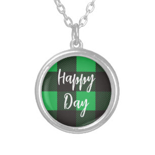 Green Plaid Pattern Silver Plated Necklace