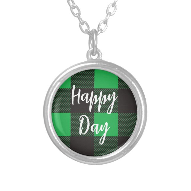 Green Plaid Pattern Silver Plated Necklace (Front)