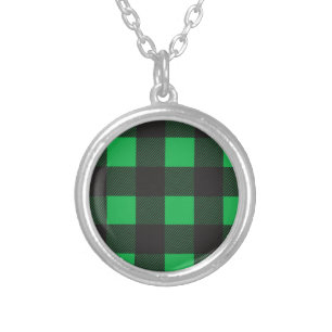 Green plaid pattern silver plated necklace
