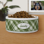 Green Plaid Pattern With Custom Pet Name Bowl<br><div class="desc">Lovely plaid pattern in green color scheme. There is also an oval shape banner that has a personalizable text area for the name of the pet. The font is a nice script font in green color.</div>
