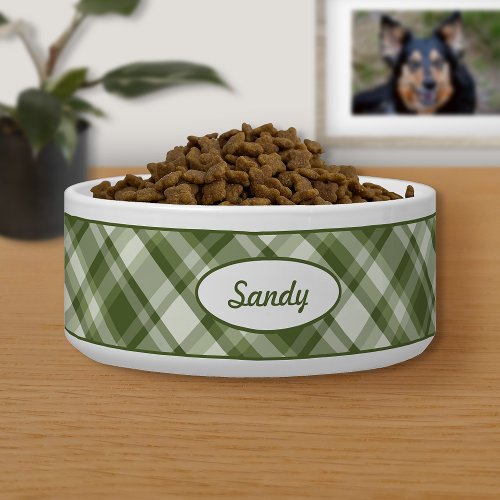 Green Plaid Pattern With Custom Pet Name Bowl