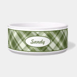 Green Plaid Pattern With Custom Pet Name Bowl<br><div class="desc">Lovely plaid pattern in green color scheme. There is also an oval shape banner that has a personalizable text area for the name of the pet. The font is a nice script font in green color.</div>