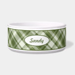 Green Plaid Pattern With Custom Pet Name Bowl<br><div class="desc">Lovely plaid pattern in green color scheme. There is also an oval shape banner that has a personalizable text area for the name of the pet. The font is a nice script font in green color.</div>