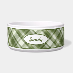 Green Plaid Pattern With Custom Pet Name Bowl