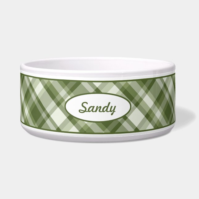 Green Plaid Pattern With Custom Pet Name Bowl (Front)
