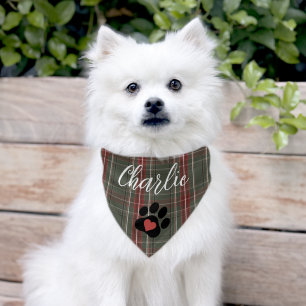 Green Plaid Paw Print Heart Name Pet Bandana Collar