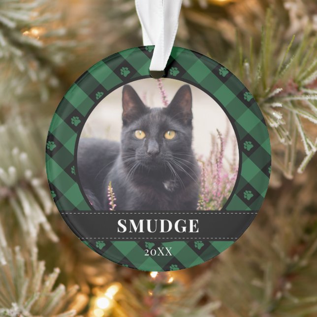 Green Plaid Paw Prints Pet Photo Ornament (Tree)