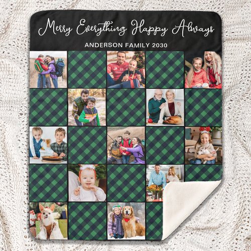 Green Plaid Personalized 13 Photo Holiday Quilt  Sherpa Blanket