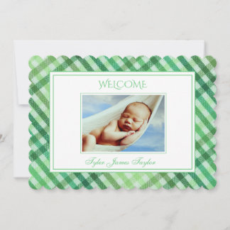 Green Plaid Personalized Script Baby Photo Birth Announcement